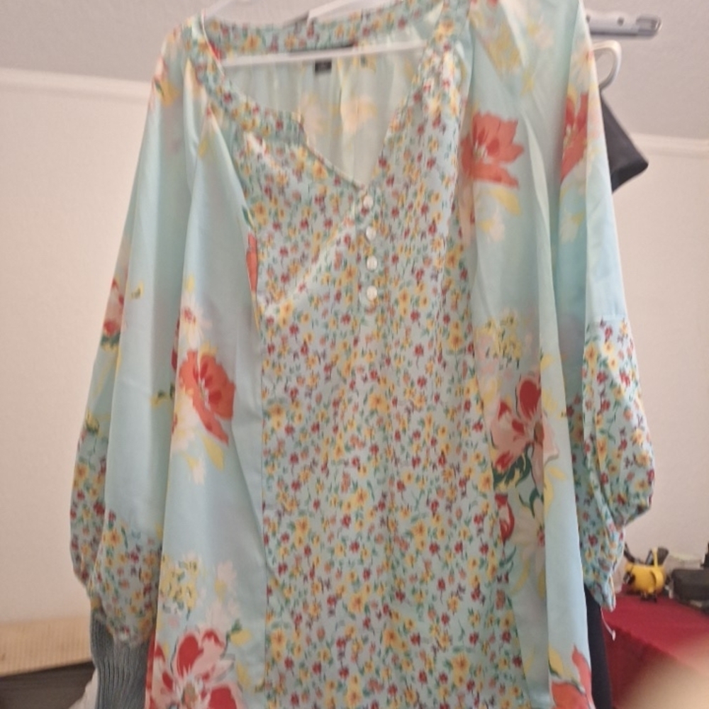 Zac & Rachel Floral Blouse - Sky Blue and Coral